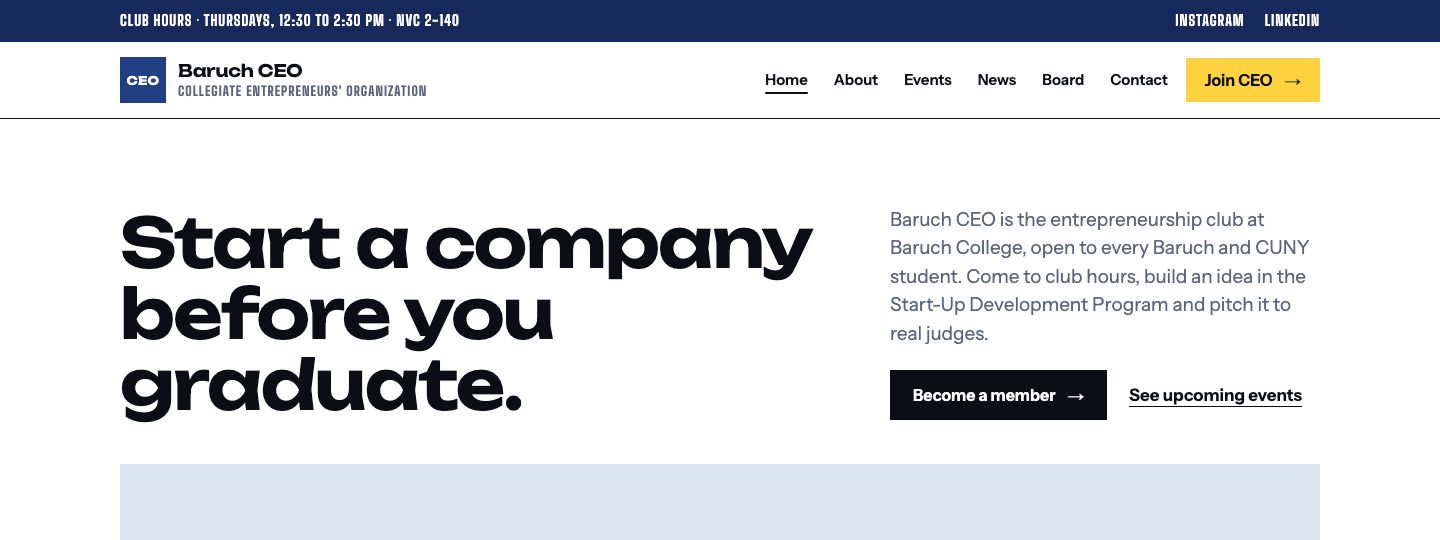 The redesigned baruchceo.com, headlined Start a company before you graduate.