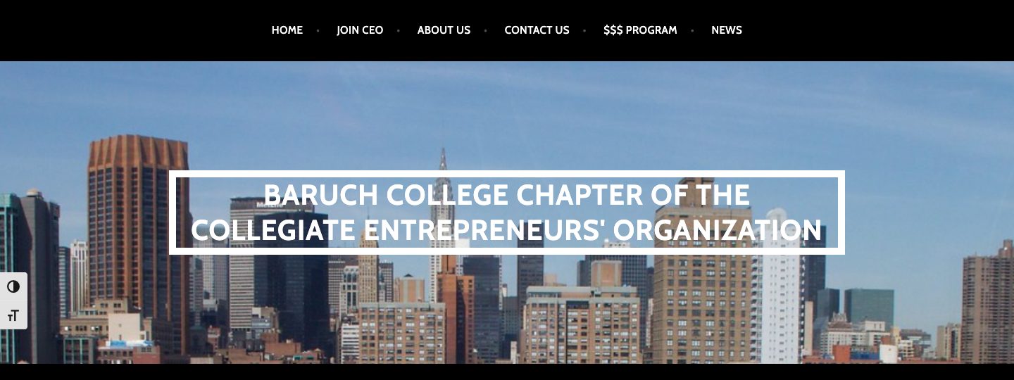 The old Baruch CEO site on CUNY Blogs: a black menu bar over a city skyline photo, with the chapter's full name in a box.