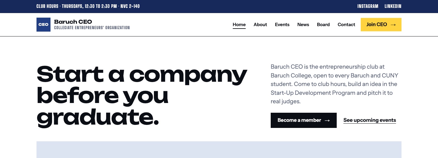 The baruchceo.com homepage, headlined Start a company before you graduate.